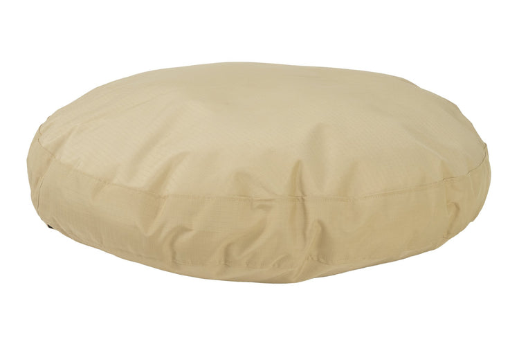 chew-resistant round dog bed tan