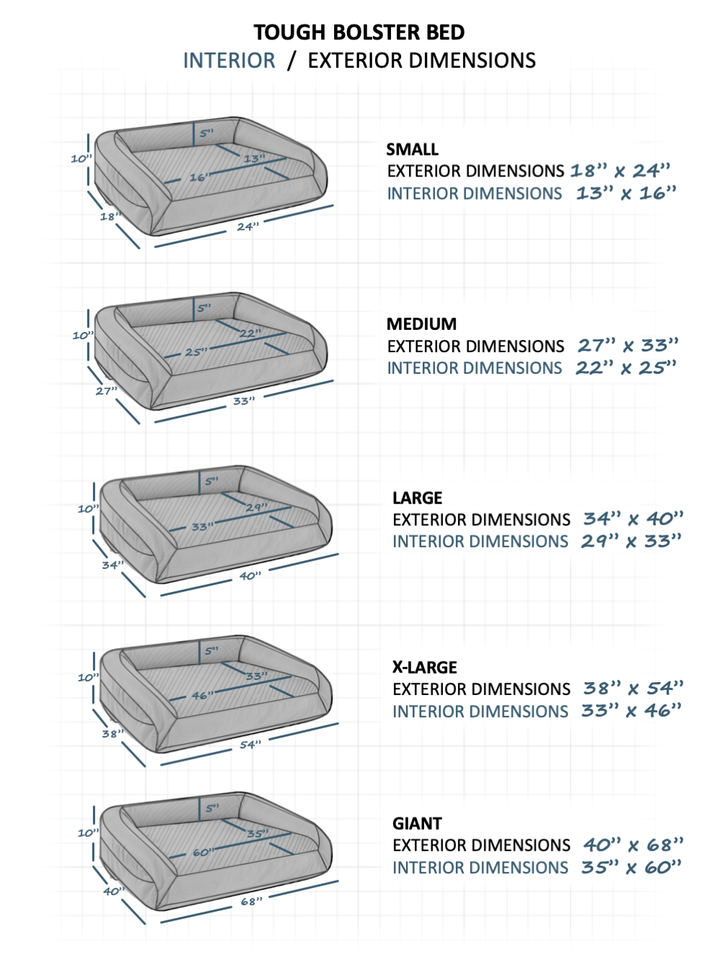 K9 Ballistics Orthopedic Bolster Dog Bed interior and Exterior Dimensions